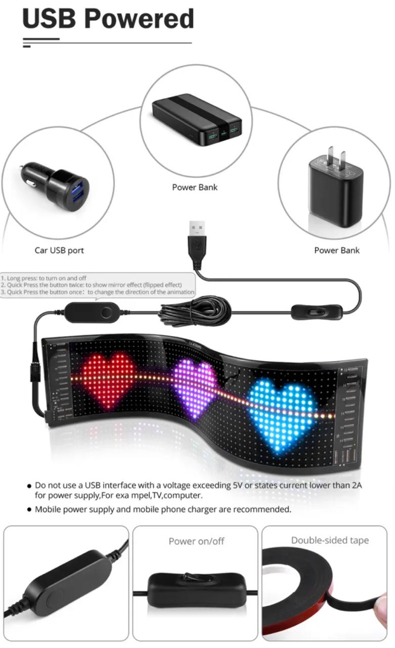 Car LED Matrix Pixel Panel USB Car Display Scrolling LED Signs 5V RGB Remote APP Control -16cm *64cm